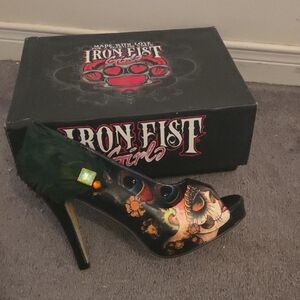 Iron Fist Black Floral & Skull Peep-Toe Stiletto with Feather Accent
